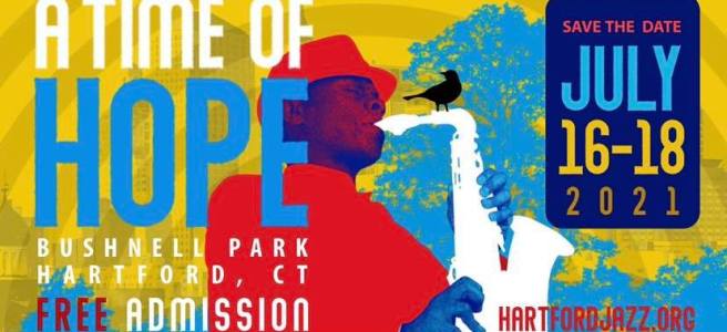 The 2021 Greater Hartford Jazz Festival banner with a man playing a saxophone and a bird percned on the neck of the saxophone