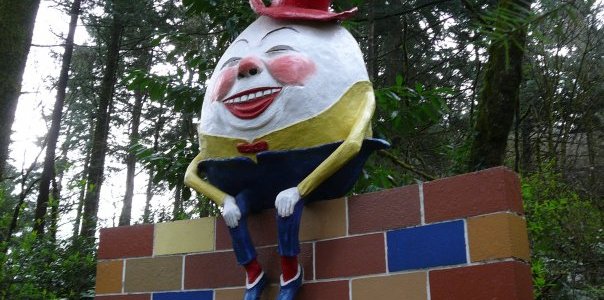 A picure of Humpty Dumpty sitting on top of a brick well at the Enchanted Forest near Salem, Oregon