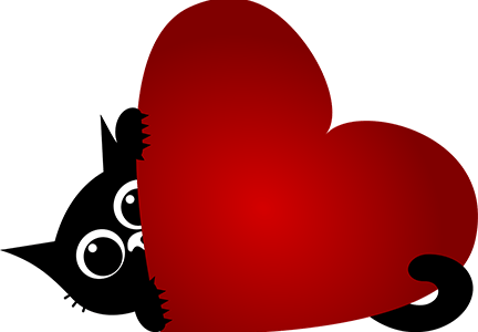 Black cat hiding behind a red heart